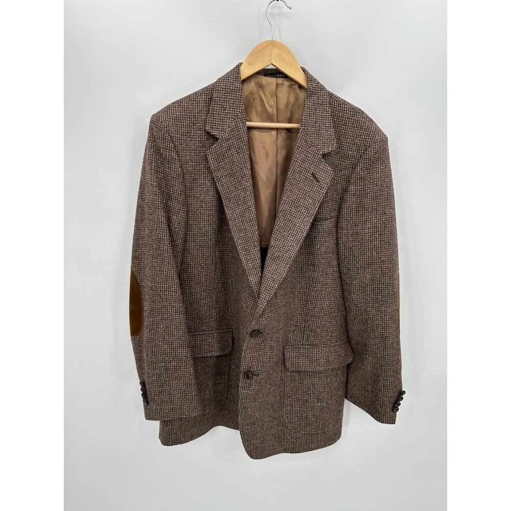 Arnie Vintage Tweed Jacket Brown Herringbone 100% Wool Blazer Patch Pockets 44L